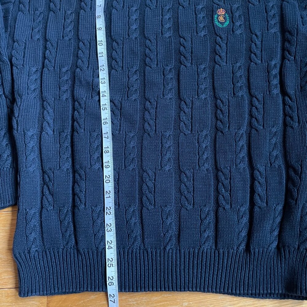 Vtg Chaps Ralph Lauren Sweater Mens L Blue Cable Knit Embroidered Crest Logo - Picture 8 of 11